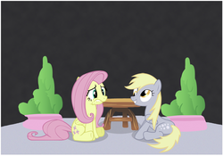 Size: 1007x706 | Tagged: safe, derpy hooves, fluttershy, pegasus, pony, g4, female, lip bite, mare