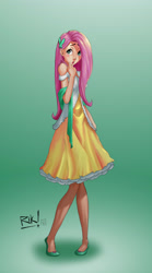 Size: 1827x3282 | Tagged: safe, artist:rik-vreal, fluttershy, human, g4, blushing, clothes, dress, humanized, solo