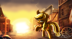 Size: 5120x2804 | Tagged: safe, artist:zelc-face, applejack, earth pony, pony, g4, applejack's hat, cowboy hat, female, hat, scenery, solo, sun, town