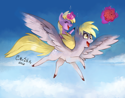 Size: 1286x1010 | Tagged: safe, artist:cuteskitty, derpy hooves, dinky hooves, pegasus, pony, g4, cloud, cloudy, dinky riding derpy, duo, eyes closed, female, flying, magic, mare, mother and daughter, muffin, ponies riding ponies, riding, sky, telekinesis