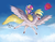 Size: 1286x1010 | Tagged: safe, artist:cuteskitty, derpy hooves, dinky hooves, pegasus, pony, g4, cloud, cloudy, dinky riding derpy, duo, eyes closed, female, flying, magic, mare, mother and daughter, muffin, ponies riding ponies, riding, sky, telekinesis