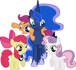 Size: 8668x8000 | Tagged: safe, artist:emper24, apple bloom, princess luna, scootaloo, sweetie belle, alicorn, earth pony, pegasus, pony, unicorn, g4, absurd resolution, accessory swap, cutie mark crusaders, female, filly, foal, mare, simple background, transparent background, vector
