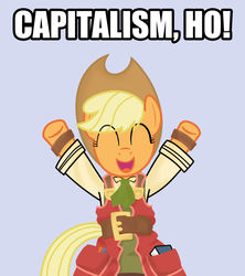 Size: 800x900 | Tagged: safe, artist:smile, applejack, earth pony, pony, g4, bipedal, capitalism, clothes, crossover, female, recette, recettear, simple background, solo