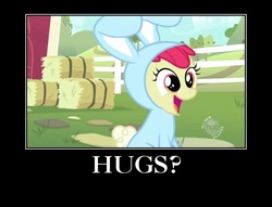 Size: 750x574 | Tagged: safe, edit, screencap, apple bloom, earth pony, pony, family appreciation day, g4, adorabloom, all new, animal costume, bronybait, bunny bloom, bunny costume, clothes, costume, cute, female, filly, foal, hub logo, hubble, hug, hug request, motivational poster, open mouth, question, smiling, sweet dreams fuel, text