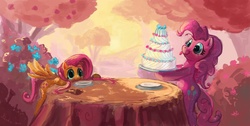 Size: 2660x1342 | Tagged: safe, artist:paladin, fluttershy, pinkie pie, earth pony, pegasus, pony, g4, :p, cake, day, dishes, duo, duo female, female, food, forest, mare, table, tongue out