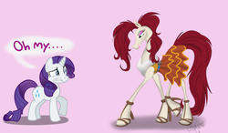 Size: 2252x1317 | Tagged: safe, artist:calicopikachu, rarity, horse, pony, unicorn, g4, clothes, crossover, dress, duo, duo female, eyeshadow, female, high heels, horn, horse-pony interaction, lipstick, makeup, mare, pink background, raised hoof, rio (struts), shoes, simple background, skirt, struts