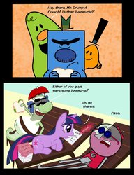 Size: 900x1171 | Tagged: safe, artist:abigail m., twilight sparkle, pony, unicorn, g4, benson, bowtie, comic, crossover, female, fish hooks, hat, male, mare, mr. grumpy, mr. men, mr. men little miss, mr. nosey, mr. small, regular show, the mr. men show, unicorn twilight, wat