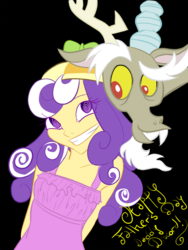 Size: 675x900 | Tagged: safe, artist:solanxpsychopathic, discord, screwball, g4, clothes, daddy discord, dress, father's day, hat, humanized, propeller hat, smiling, swirly eyes