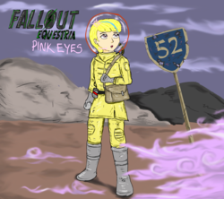 Size: 900x800 | Tagged: safe, artist:glue123, oc, oc only, oc:puppysmiles, human, fallout equestria, fallout equestria: pink eyes, crossover, fanfic, fanfic art, female, hazmat suit, humanized, pink cloud (fo:e), rock, rock of destiny, route 52, solo, text, wasteland