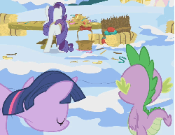 Size: 717x556 | Tagged: safe, screencap, rarity, spike, twilight sparkle, dragon, pony, unicorn, winter wrap up, animated, butt, eyes on the prize, featureless crotch, female, looking at butt, male, mare, out of context, plot