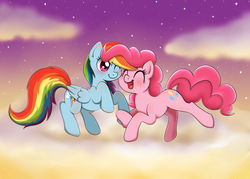 Size: 2800x2000 | Tagged: dead source, safe, artist:maplesunrise, pinkie pie, rainbow dash, pony, g4, blushing, cloud, cloudy, cute, duo, eyes closed, female, high res, holding hooves, lesbian, nuzzling, open mouth, ship:pinkiedash, shipping, smiling, wink