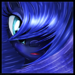 Size: 839x840 | Tagged: safe, artist:lova-gardelius, princess luna, pony, g4, alternate hairstyle, bangs, bust, female, hair over eyes, hair over one eye, looking at you, portrait, solo