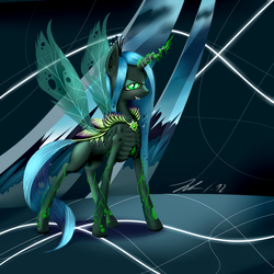 Size: 4000x4000 | Tagged: safe, artist:wreky, queen chrysalis, changeling, changeling queen, g4, crown, fangs, female, frown, jewelry, regalia, signature, smiling, solo