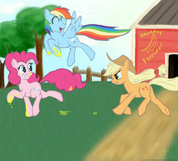 Size: 900x818 | Tagged: safe, artist:rule1of1coldfire, applejack, pinkie pie, rainbow dash, pony, g4, banana, prank