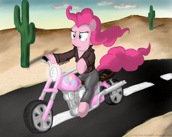 Size: 900x720 | Tagged: safe, artist:rule1of1coldfire, pinkie pie, earth pony, pony, g4, biker, clothes, female, jacket, leather jacket, leather pants, motorcycle, solo