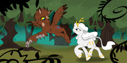 Size: 2000x1000 | Tagged: safe, artist:calicopikachu, oc, oc only, hippogriff, kirin, claws, coat markings, curved horn, duo, everfree forest, facial markings, forest, horn, paws, star (coat marking), tree