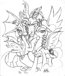 Size: 856x1000 | Tagged: safe, artist:pokelai, discord, nightmare moon, queen chrysalis, changeling, changeling queen, g4, female