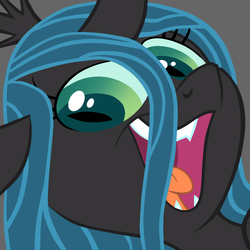 Size: 852x852 | Tagged: safe, artist:silbersternenlicht, queen chrysalis, changeling, changeling queen, g4, bust, crown, cute, cutealis, fangs, female, jewelry, looking at you, open mouth, reaction image, regalia, smeel, smiling, solo
