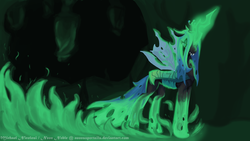 Size: 2400x1350 | Tagged: safe, artist:neonsupertails, queen chrysalis, changeling, changeling queen, g4, cave, cocoon, crown, female, fire, glowing horn, green fire, hive, horn, jewelry, regalia, solo