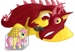 Size: 1296x900 | Tagged: safe, artist:nuclearsuplexattack, basil, fluttershy, dragon, pegasus, pony, g4, cage, duo, simple background, transparent background