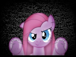 Size: 1024x768 | Tagged: safe, artist:grumbeerkopp, pinkie pie, earth pony, pony, g4, against glass, female, fourth wall, glass, looking at you, pinkamena diane pie, run, smiling, solo, static, television, the fourth wall cannot save you, wallpaper