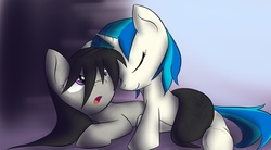 Size: 1960x1080 | Tagged: safe, artist:dshou, dj pon-3, octavia melody, vinyl scratch, earth pony, pony, unicorn, g4, :o, duo, eyes closed, female, lesbian, looking up, mare, open mouth, ship:scratchtavia, shipping