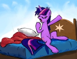 Size: 1100x849 | Tagged: safe, artist:gsphere, twilight sparkle, pony, unicorn, g4, bed, eyes closed, female, mare, morning ponies, open mouth, pillow, sitting, solo, unicorn twilight, yawn