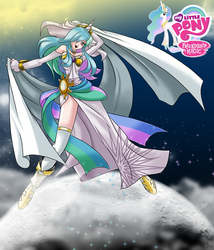 Size: 1370x1600 | Tagged: safe, artist:mauroz, princess celestia, human, g4, clothes, dress, eyebrows, eyebrows visible through hair, female, humanized, looking at you, my little pony logo, open mouth, open smile, skinny, smiling, smiling at you, solo, thin