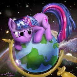 Size: 1000x1000 | Tagged: safe, artist:hereticalrants, twilight sparkle, pony, unicorn, g4, secret of my excess, cute, female, frown, glare, globe, mare, scene interpretation, solo, space, twilight cat, unicorn twilight