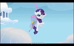 Size: 960x600 | Tagged: safe, screencap, rarity, g4, sonic rainboom (episode), artificial wings, augmented, magic, magic wings, solo, wings, youtube caption