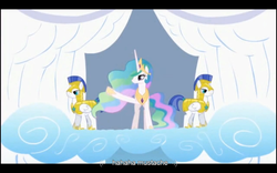 Size: 960x600 | Tagged: safe, edit, edited screencap, screencap, princess celestia, alicorn, pegasus, pony, g4, sonic rainboom (episode), caption, female, male, mare, pegasus royal guard, royal guard, stallion, text, youtube caption