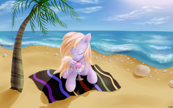 Size: 3840x2400 | Tagged: safe, artist:roadsleadme, oc, oc only, pegasus, pony, beach, blanket, high res, ice cream, not derpy, ocean, palm tree, solo, sweat, tree