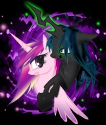 Size: 742x877 | Tagged: source needed, safe, artist:kejifox, princess cadance, queen chrysalis, changeling, changeling queen, g4, crown, female, jewelry, regalia, v3ga