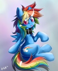 Size: 1050x1282 | Tagged: safe, artist:knifeh, rainbow dash, pegasus, pony, g4, awesome, butt, chest fluff, collar, cute, female, gradient background, mare, messy mane, plot, solo, tongue out