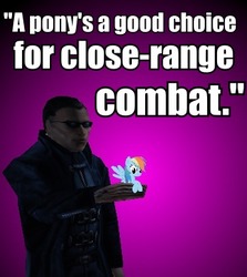 Size: 347x389 | Tagged: safe, rainbow dash, human, g4, deus ex, gep gun, hilarious in hindsight, image macro, jc denton