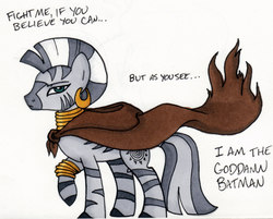 Size: 1617x1297 | Tagged: safe, artist:thedarklordkeisha, zecora, pony, zebra, g4, batman, clothes, crossover, female, mare, robe, solo