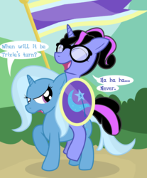 Size: 2000x2416 | Tagged: safe, artist:dazed-and-wandering, trixie, oc, oc:pixelkitties, pony, unicorn, g4, duo, glasses, high res, pixelkitties riding trixie, ponies riding ponies, riding