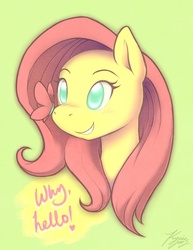 Size: 539x698 | Tagged: dead source, safe, artist:k-y-h-u, fluttershy, butterfly, pegasus, pony, g4, bust, butterfly on nose, female, heart, insect on nose, mare, no pupils, portrait, signature, simple background, solo