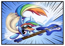 Size: 1000x708 | Tagged: safe, artist:boneitis, rainbow dash, pony, g4, clothes, female, goggles, guitar, mouth hold, musical instrument, scarf, solo