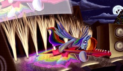 Size: 2063x1200 | Tagged: safe, artist:tsitra360, rainbow dash, pegasus, pony, g4, electric guitar, guitar, hard rock, moon, musical instrument, night, rock (music), solo