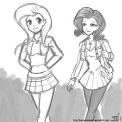 Size: 1280x1280 | Tagged: safe, artist:johnjoseco, fluttershy, rarity, human, g4, clothes, dress, grayscale, humanized, monochrome, pantyhose, skirt