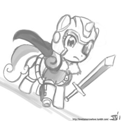 Size: 1280x1280 | Tagged: safe, artist:johnjoseco, sweetie belle, pony, g4, claus, grayscale, monochrome, mother 3, parody, solo