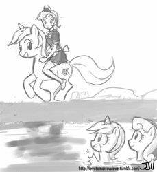 Size: 914x1000 | Tagged: safe, artist:johnjoseco, bon bon, lyra heartstrings, sweetie drops, human, pony, sea pony, g4, clothes, grayscale, human ponidox, humanized, humans riding ponies, maid, monochrome, riding, seapony bon bon, seapony lyra, self ponidox, species swap, triality