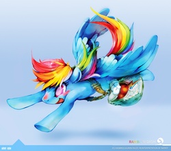 Size: 1077x953 | Tagged: safe, artist:napkit, rainbow dash, pegasus, pony, g4, apple, bag, carrying, colored pupils, flying, solo