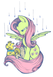 Size: 732x1057 | Tagged: safe, artist:opallene, fluttershy, cat, dog, pony, g4, 2012, cute, looking at each other, rain, shyabetes, simple background, spread wings, transparent background, wing umbrella, wings