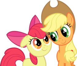 Size: 5123x4355 | Tagged: safe, artist:richhap, apple bloom, applejack, earth pony, pony, g4, absurd resolution, apple bloom's bow, applejack's hat, bow, cowboy hat, duo, duo female, female, filly, foal, hair bow, hat, mare, simple background, sisters, transparent background