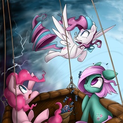 Size: 900x900 | Tagged: dead source, safe, artist:starlightspark, minty, pinkie pie, star catcher, earth pony, pegasus, pony, g3, g4, candy, female, flying, food, g3 to g4, generation leap, hot air balloon, lightning, looking back, one eye closed, open mouth, sky, storm, trio, trio female, worried