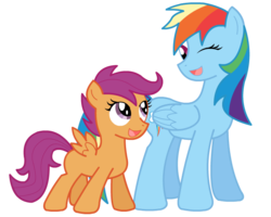 Size: 650x520 | Tagged: dead source, safe, artist:jaceleo, rainbow dash, scootaloo, pegasus, pony, g4, duo, duo female, female, filly, mare, one eye closed, scootalove, simple background, smiling, transparent background, wink