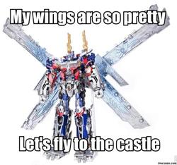 Size: 500x467 | Tagged: safe, princess celestia, g4, barely pony related, let's fly to the castle, meta, my wings are so pretty, optimus prime, text, transformers