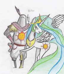 Size: 900x1042 | Tagged: dead source, safe, artist:sirqwerty, princess celestia, g4, crossover, dark souls, solaire of astora, traditional art